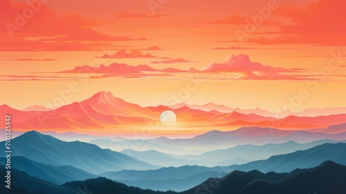  a painting of a sunset over a mountain range with a bird flying over the top of the mountain range in the foreground.