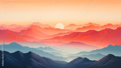  a painting of a mountain range with the sun setting in the distance and a hazy sky in the foreground.