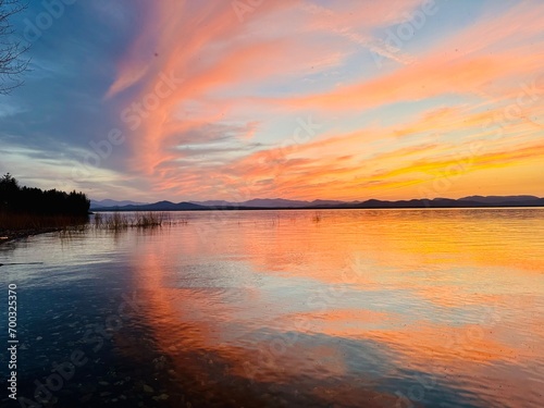 Colorful sunset on Lake Champlain, Vermont. 