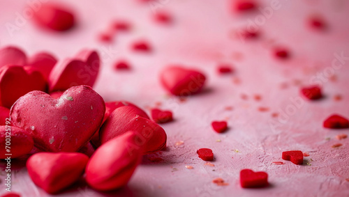 Red hearts on pink background. A lot of heart-shaped object is located to the side, there is space for text.