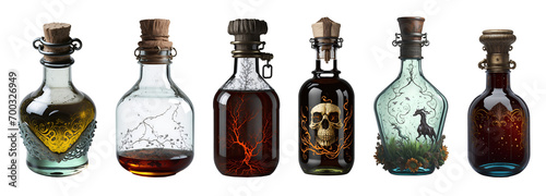 Set of various fantasy antique magical bottles isolated on transparent background. Generative AI