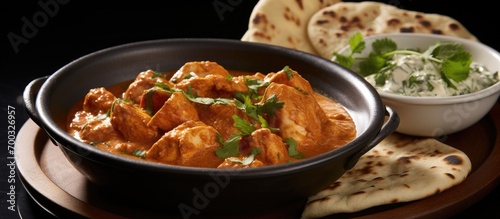 Indian butter chicken served with flatbread in a bowl.