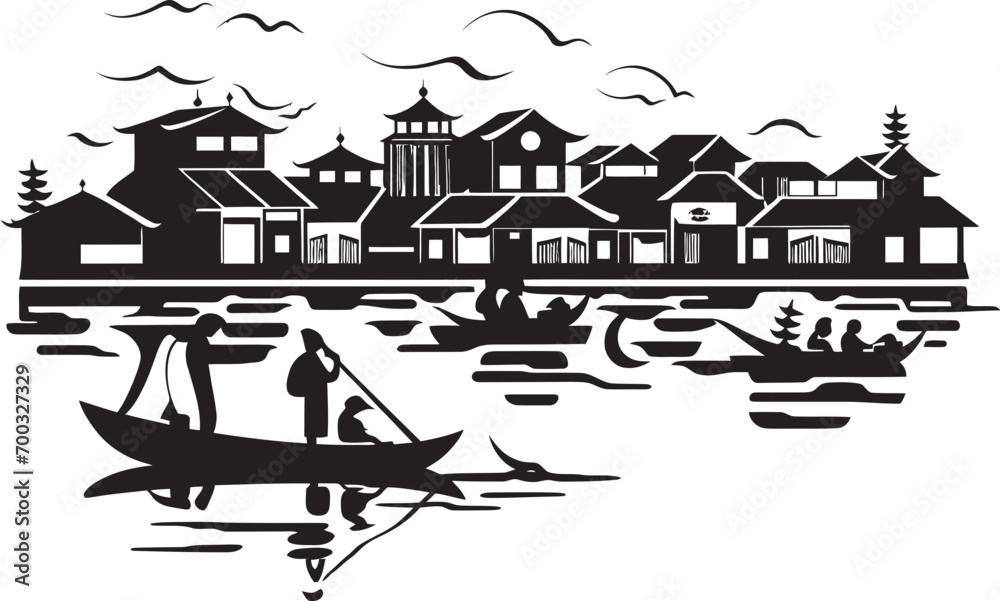 Naklejka premium Riverside Nostalgia Icon Vintage Emblematic Mark Vintage Riverfront Charm Black Vector Icon