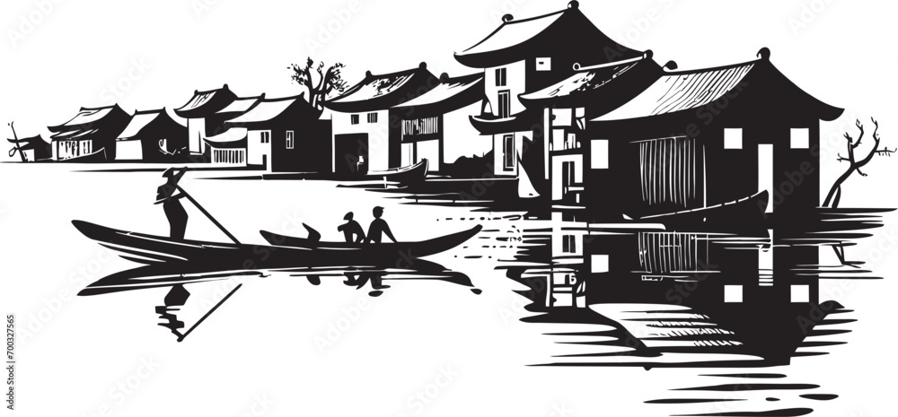 Fototapeta premium Vintage Riverfront View Iconic Logo Antique Riverine Town Stylish Emblem