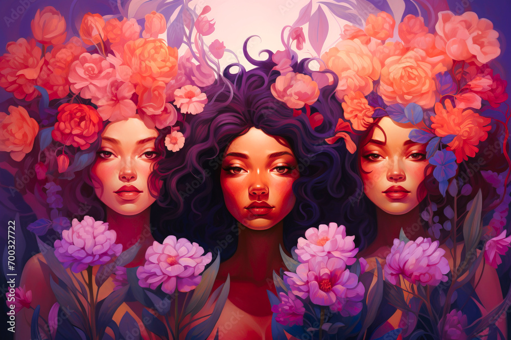 International Women's Day illustration of three strong women surrounded by colorful pink and purple flowers