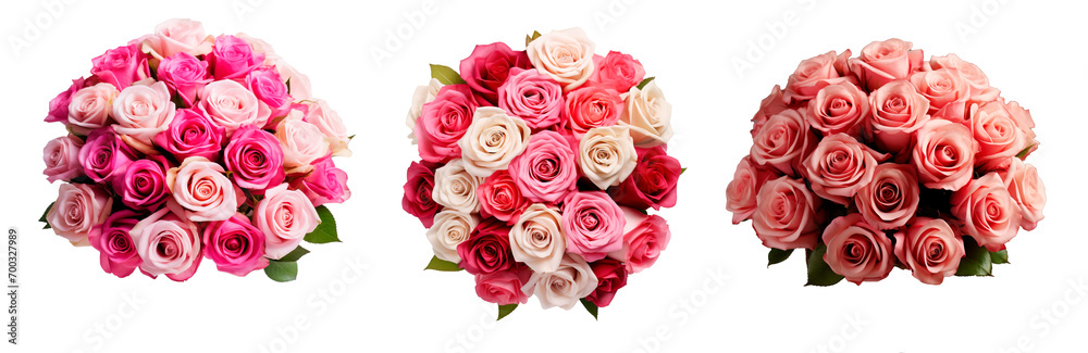 Set of three bouquet of pink roses over isolated transparent background Set of three bouquet of pink roses over isolated transparent background