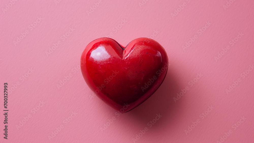 Red heart on pink background. One heart-shaped object is located to the side, there is space for text.