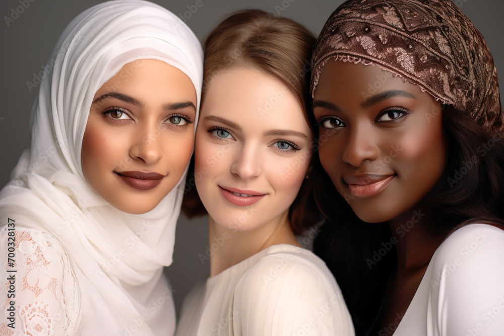 Three gorgeous women of different ethnicities and nationalities. International Women's Day conceptual headshot portrait Three gorgeous women of different ethnicities and nationalities. International Women's Day conceptual headshot portrait