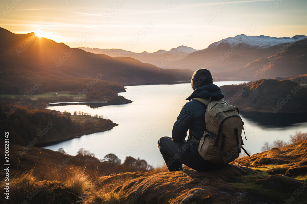 Person looking at sunrise sitting on Mountains of Scotland, United Kingdom