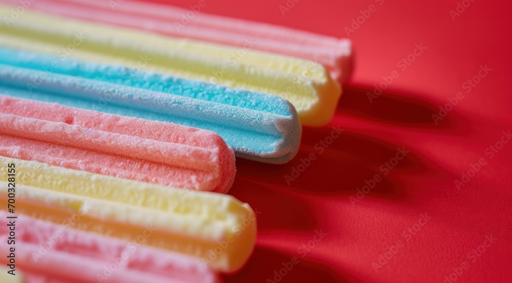 a close up of some colored cotton candy sticks against a red background a close up of some colored cotton candy sticks against a red background