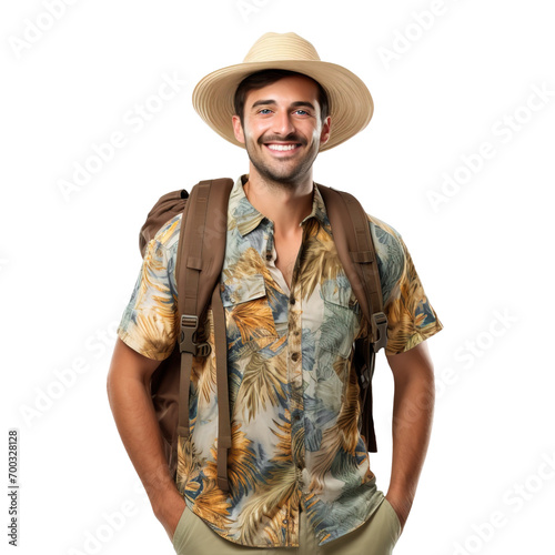 Male adventurer tourist posing over isolated transparent background