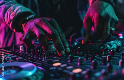 a dj is preparing to spin at nightclub