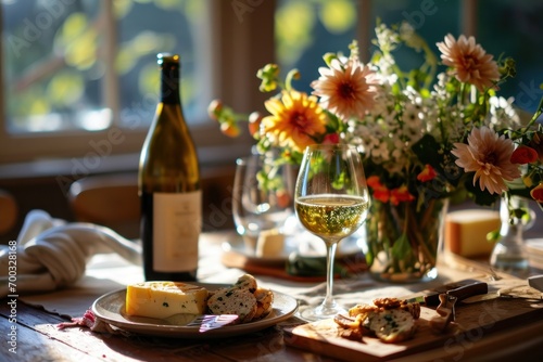 a bottle of white wine, cheese plates and flowers on the table