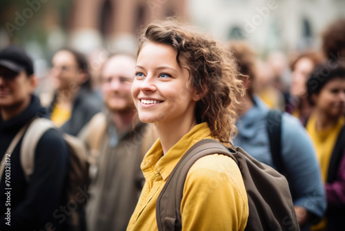 Activist woman smiling and walking in the streets during protest. Casual photo