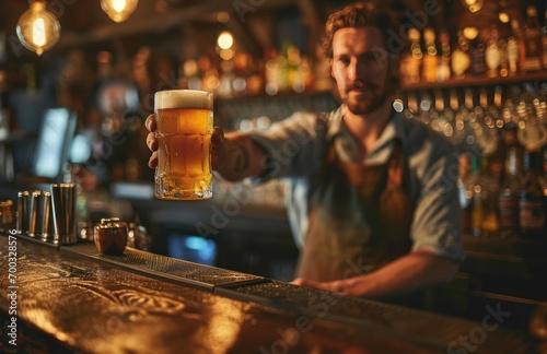 a bar person holding a glass of beer