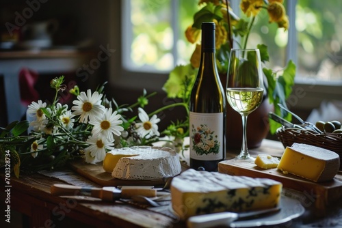 a bottle of white wine  cheese plates and flowers on the table