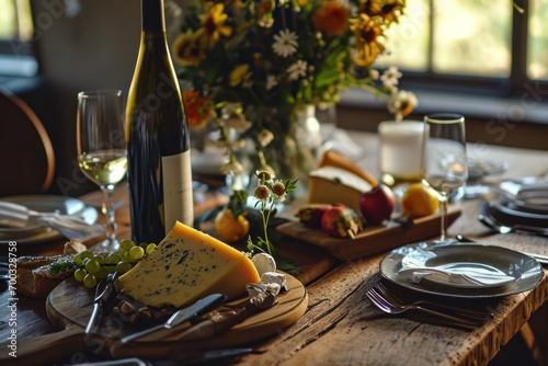 a bottle of white wine, cheese plates and flowers on the table
