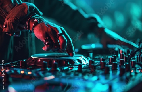 a dj is preparing to spin at nightclub © olegganko