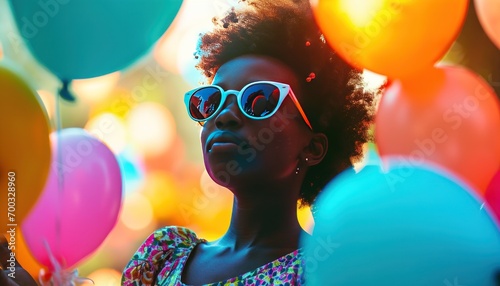 a girl wearing sunglasses holds balloons around her face