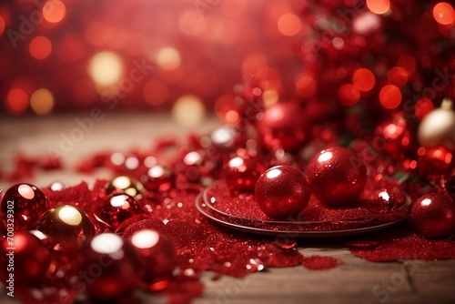 Afestive abstract red color background, adorned with sparkling bokeh lights. photo