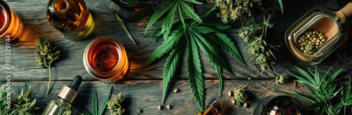 a variety of cbd oils with leaf and cannabis photo