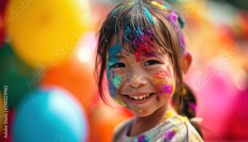 a little girl showing off her colors while smiling with balloons behind her