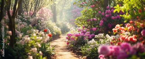 a pathway leads through a flower garden photo