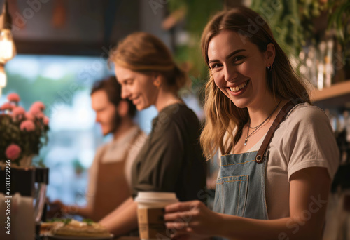 a smiling cafe employee serves coffee in front of the customers