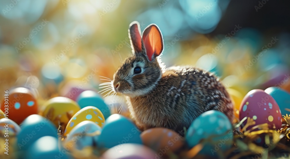 a small bunny surrounded by colorful eggs a small bunny surrounded by colorful eggs