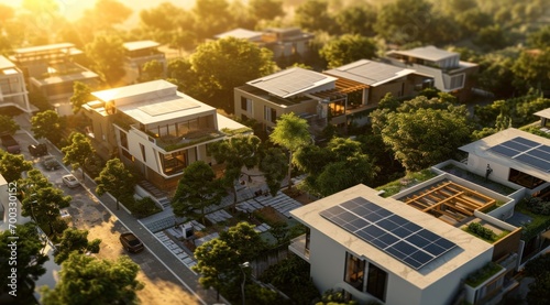 a residential area with solar panels on the roof