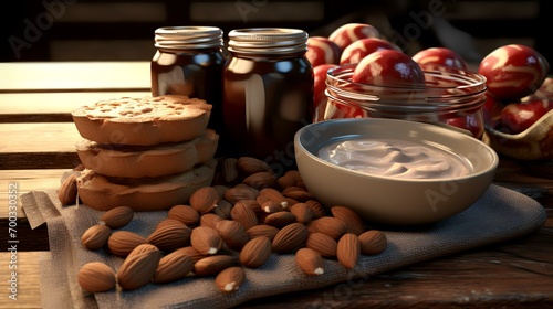 Chocolate cream in a jar with bread and nuts on a wooden table