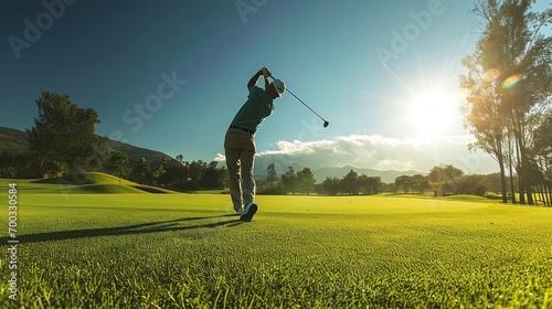 A golfer swinging the club on a sunny day, perfect grass and clear skies.