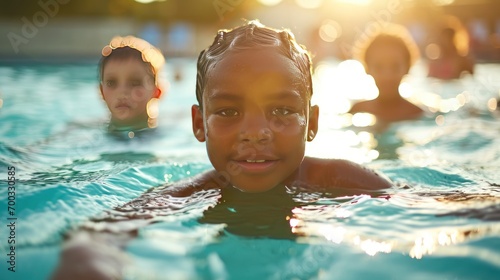 A group of children learning to swim in a pool, focusing on safety and fun.