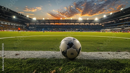 A panoramic view of a soccer stadium at kickoff, with the ball at the center circle.