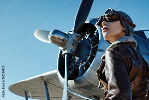 Confident female pilot in leather jacket and goggles standing in front of airplane. Amelia Earhart concept, aviation pioneer. Women's Day, feminism photo