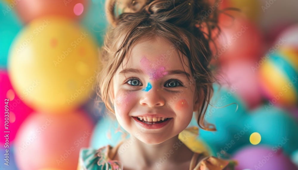 a little girl showing off her colors while smiling with balloons behind her a little girl showing off her colors while smiling with balloons behind her