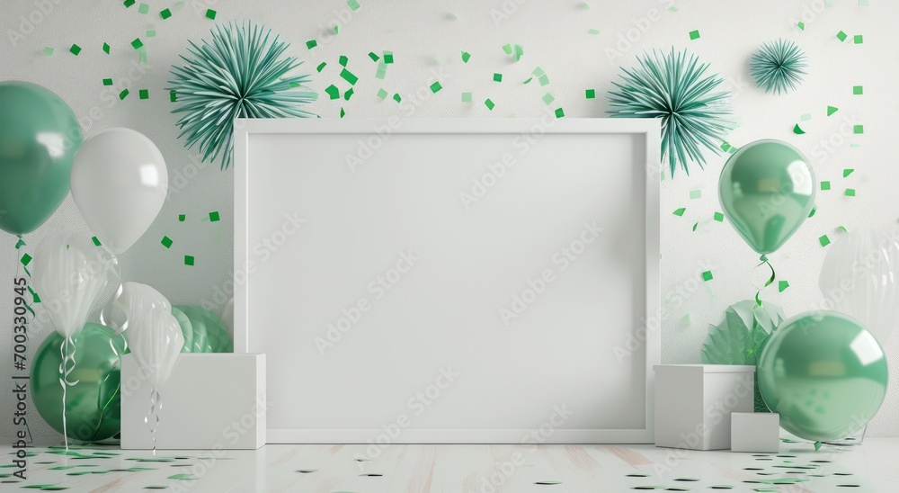 a white frame on the wall in front of green and white fireworks and confetti - obrazy, fototapety, plakaty 