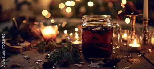 a jar with spiced tea near some candle and decorations
