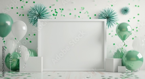 a white frame on the wall in front of green and white fireworks and confetti