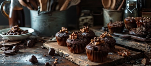 Vintage dark kitchen countertop adorned with chocolate ganache and hazelnut-topped chocolate chip muffins. photo