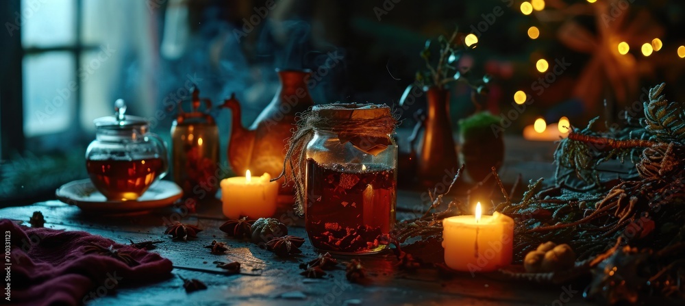 a jar with spiced tea near some candle and decorations a jar with spiced tea near some candle and decorations
