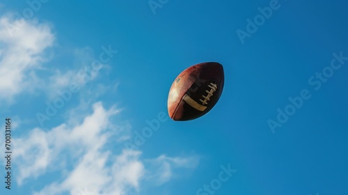 An American football spiraling through the air during a perfect pass, clear blue sky in the background.