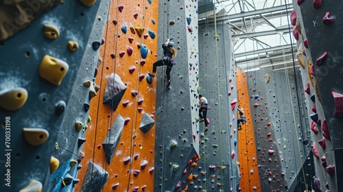 An indoor rock climbing gym scene, with climbers of various skill levels on different routes.