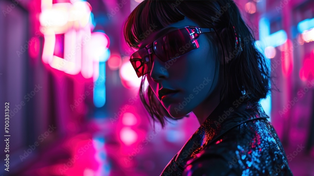 Female model as a cybernetic engineer in a neon-drenched dystopian city, futuristic design and tech.