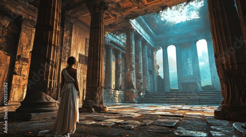 Female model as a Greek oracle in an ancient temple, mysticism and antiquity.