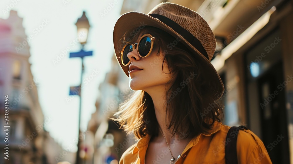 Female model exploring a city on a sunny day, travel and discovery. Female model exploring a city on a sunny day, travel and discovery.