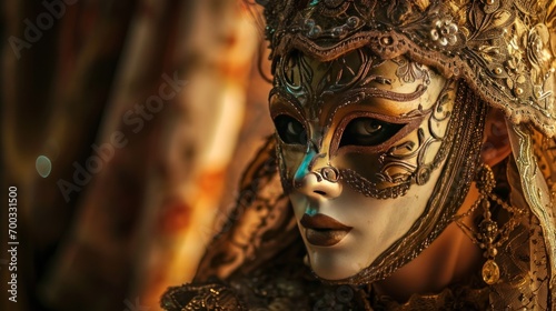 Female model as a Venetian carnival attendee in ornate mask and gown, mystery and tradition. photo