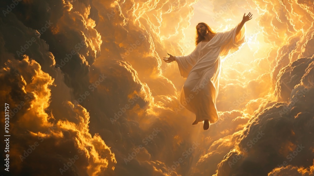 Heavenly vision of Jesus ascending into heaven surrounded by light and clouds - obrazy, fototapety, plakaty 