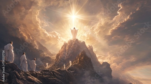 Glorious depiction of the Transfiguration of Jesus on a mountain with radiant light photo