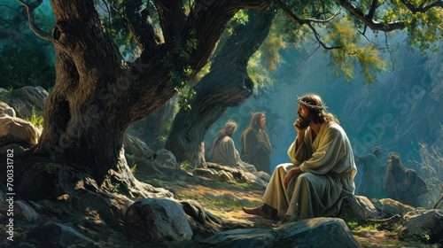 Jesus' prayer in the Garden of Gethsemane, a solemn moment of surrender and resolve photo